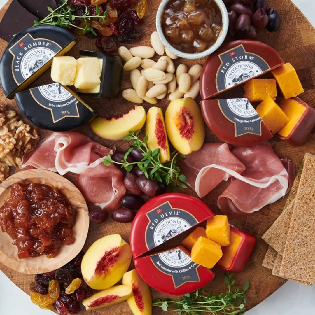 A Welsh grazing board with Snowdonia cheese, charcuterie and Celteg chutney